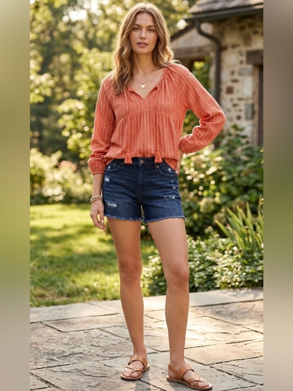 NWOT Old Navy vertical line blouse long-sleeve orange front tie with tassels M
